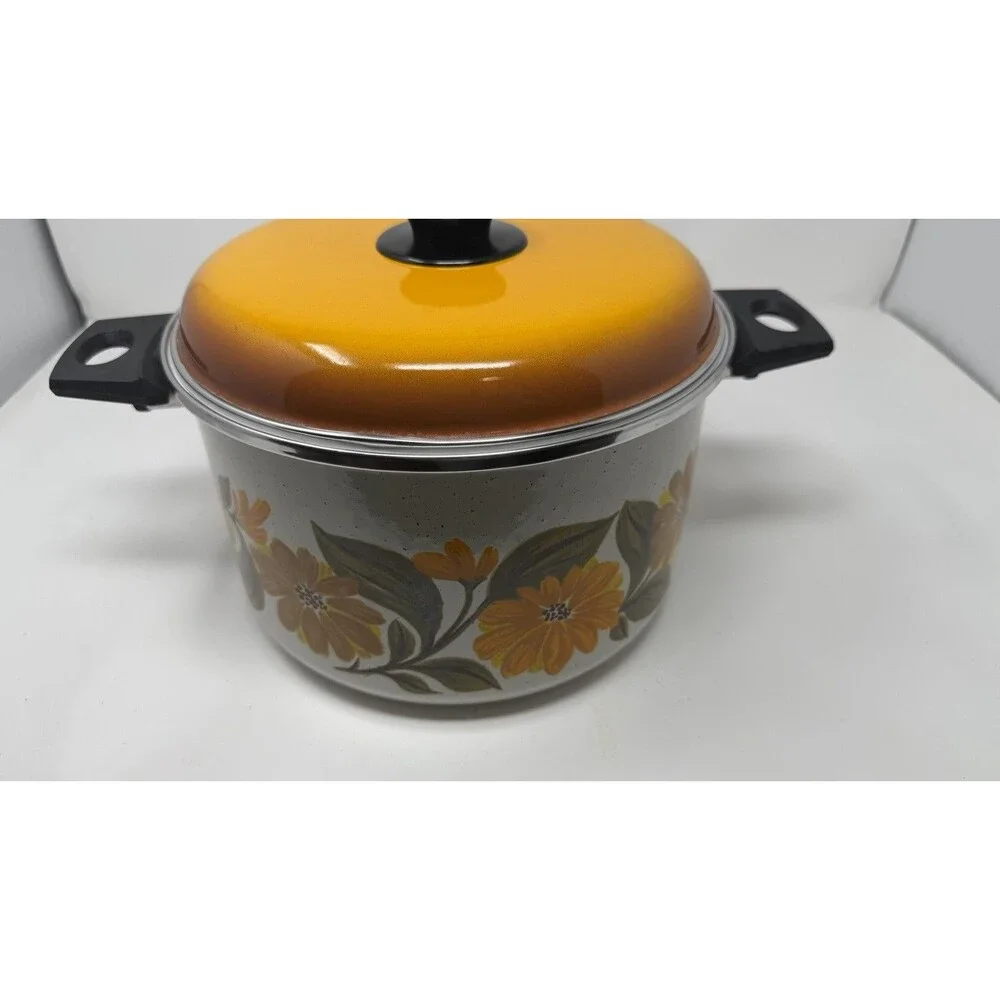 JMP Capri Enamelware Double Handle Pot with Lid Retro Floral Vtg 6 Quart